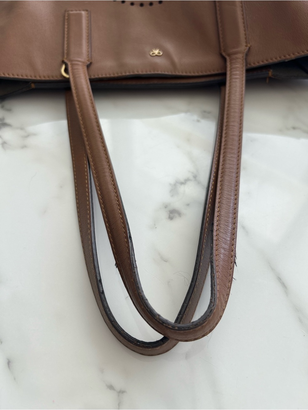 VGC Anya Hindmarch Camel Teather Ebury Smiley Tote w/ Blue Strap! - Picture 8 of 15